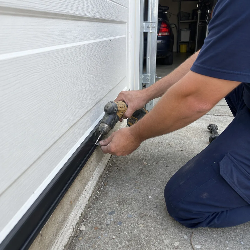 Technician installing garage door bottom weather seal with a power drill.