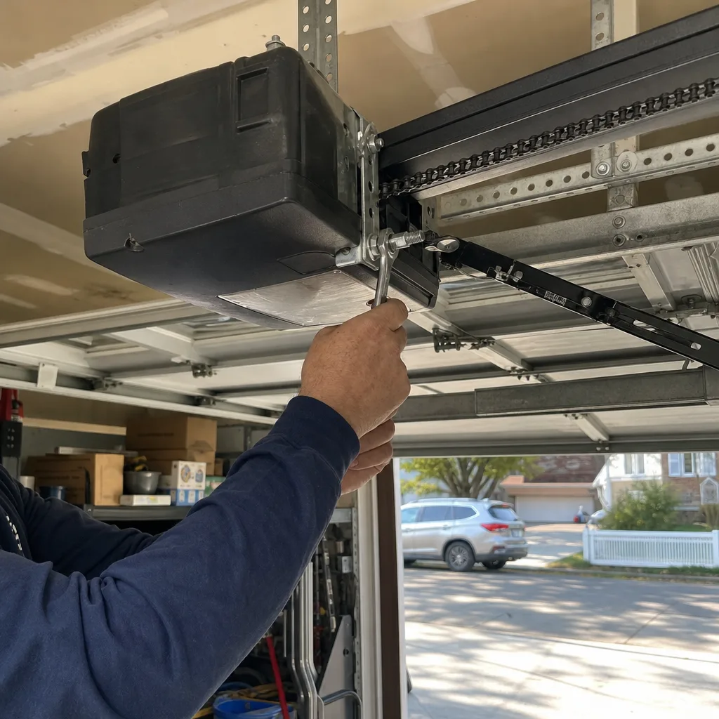 Technician using a wrench to repair a garage door opener motor nationwide