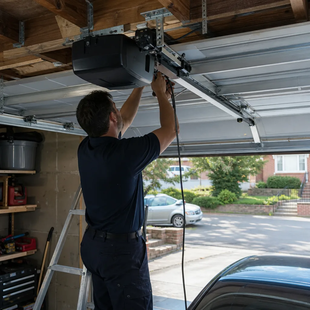 Technician performing professional garage door opener repair in a residential garage nationwide