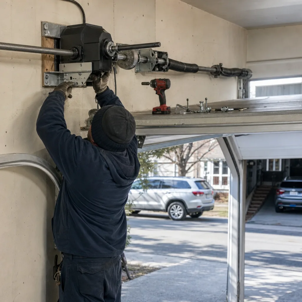 Professional technician repairing a wall-mounted residential garage door opener system nationwide