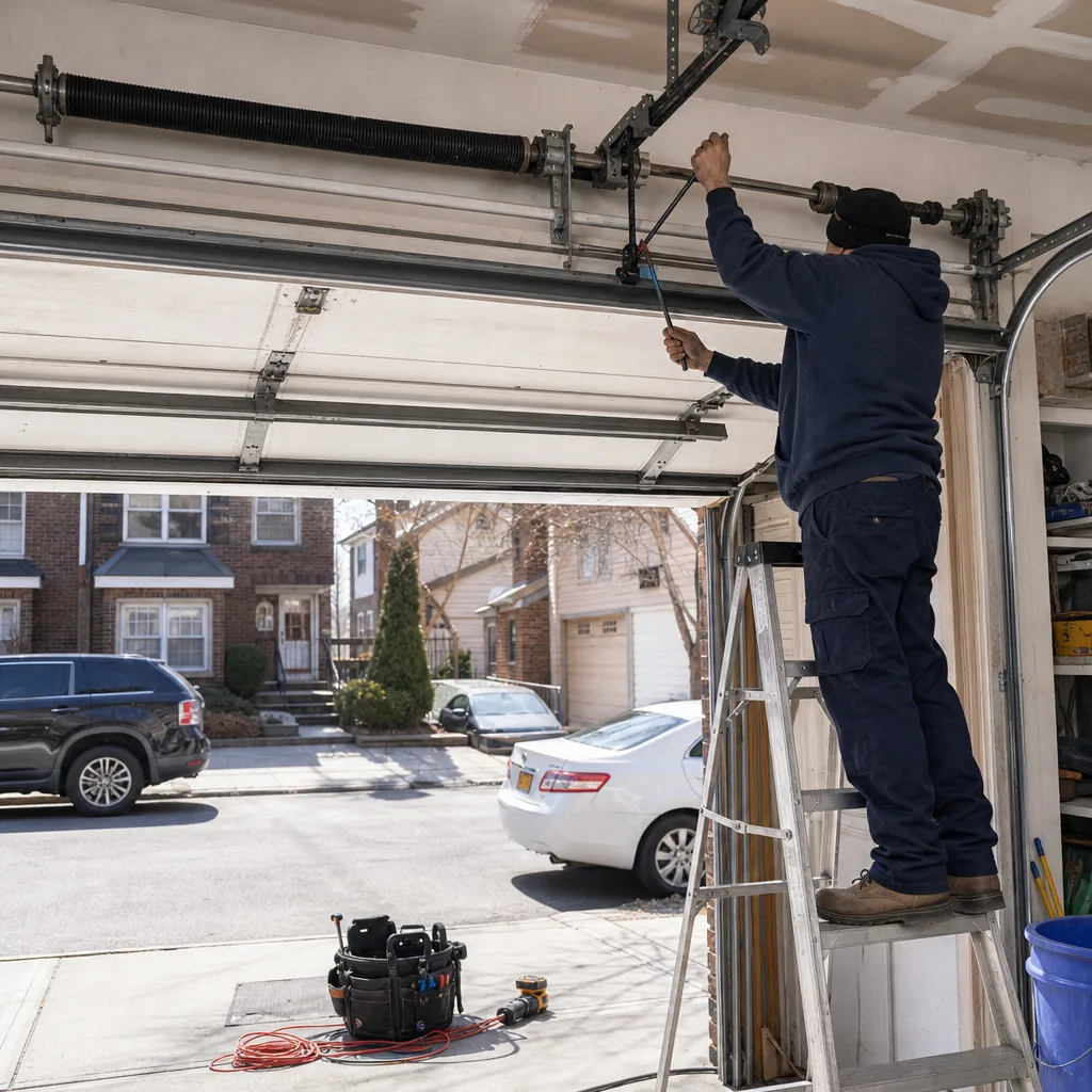 Professional technician performing garage door torsion spring repair on a ladder
