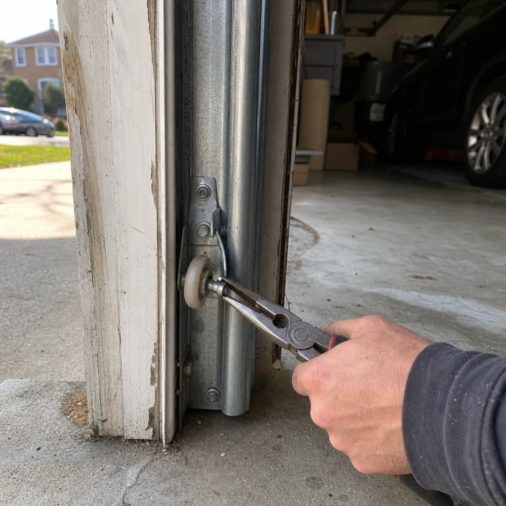 Professional garage door technician performing a roller replacement repair
