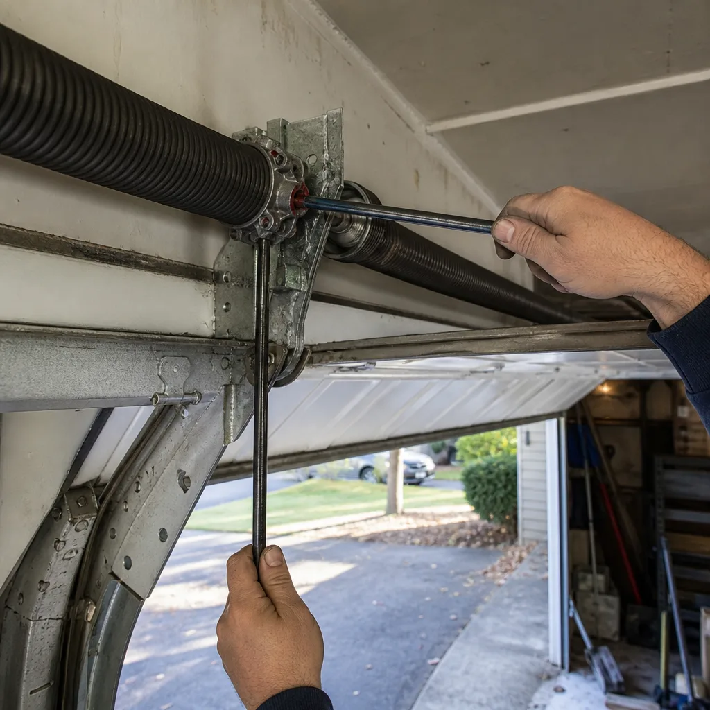 Technician performing professional garage door spring repair and maintenance