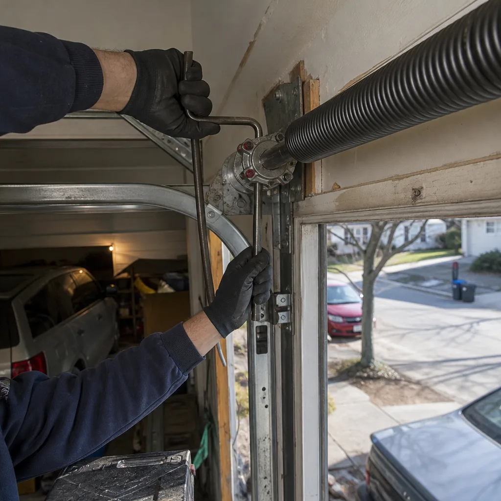 Technician performing professional garage door torsion spring repair and tension adjustment